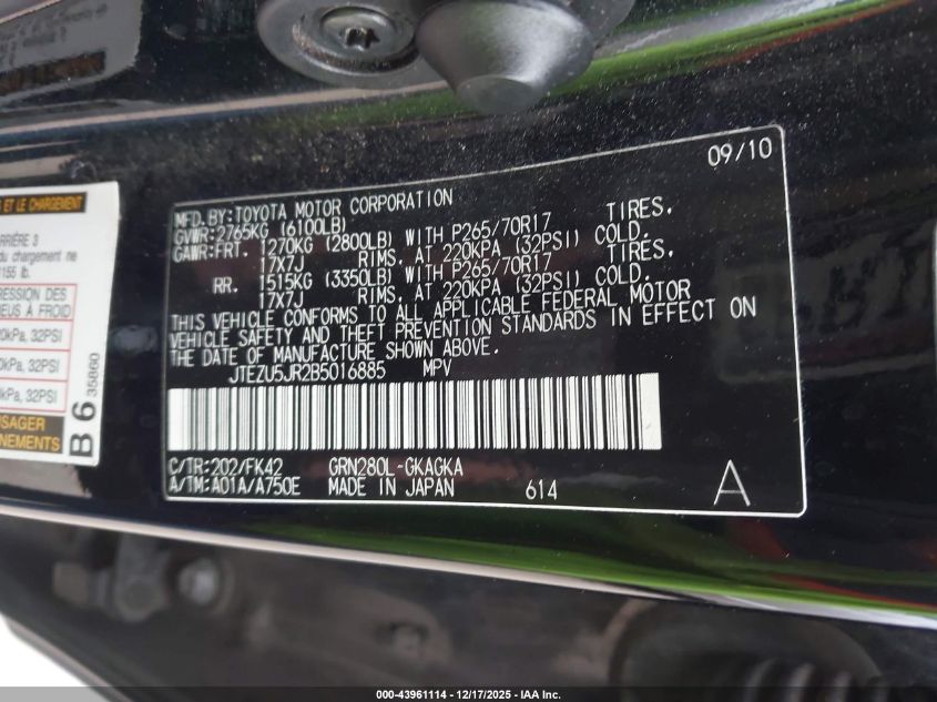 2011 Toyota 4Runner Sr5 V6 VIN: JTEZU5JR2B5016885 Lot: 43961114