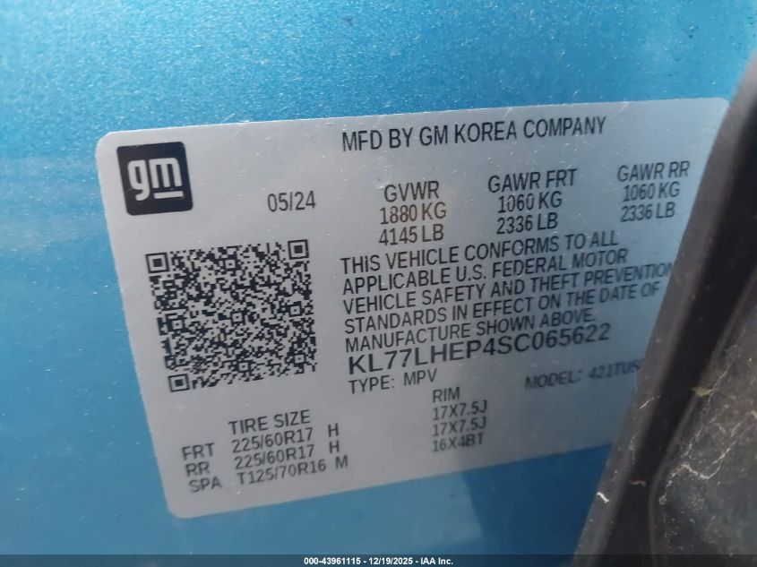 2025 Chevrolet Trax Fwd Lt VIN: KL77LHEP4SC065622 Lot: 43961115