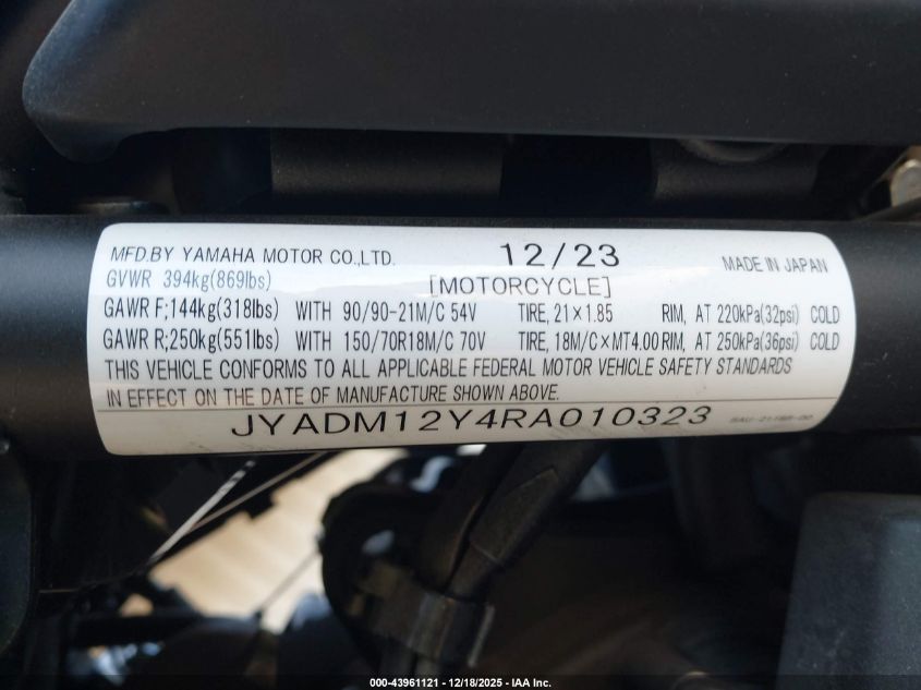 2024 Yamaha Xtz690 VIN: JYADM12Y4RA010323 Lot: 43961121