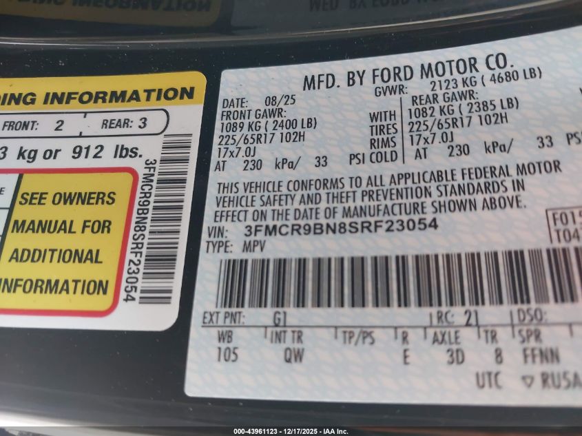 2025 Ford Bronco Sport Big Bend VIN: 3FMCR9BN8SRF23054 Lot: 43961123