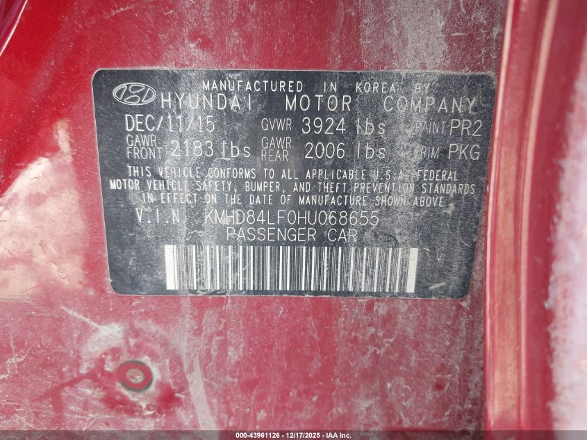 2017 Hyundai Elantra Se VIN: KMHD84LF0HU068655 Lot: 43961126