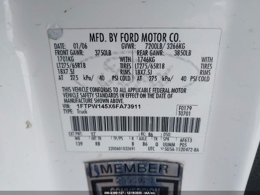 2006 Ford F-150 Fx4/Lariat/Xlt VIN: 1FTPW145X6FA73911 Lot: 43961127