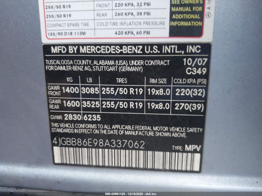 2008 Mercedes-Benz Ml 350 4Matic VIN: 4JGBB86E98A337062 Lot: 43961129