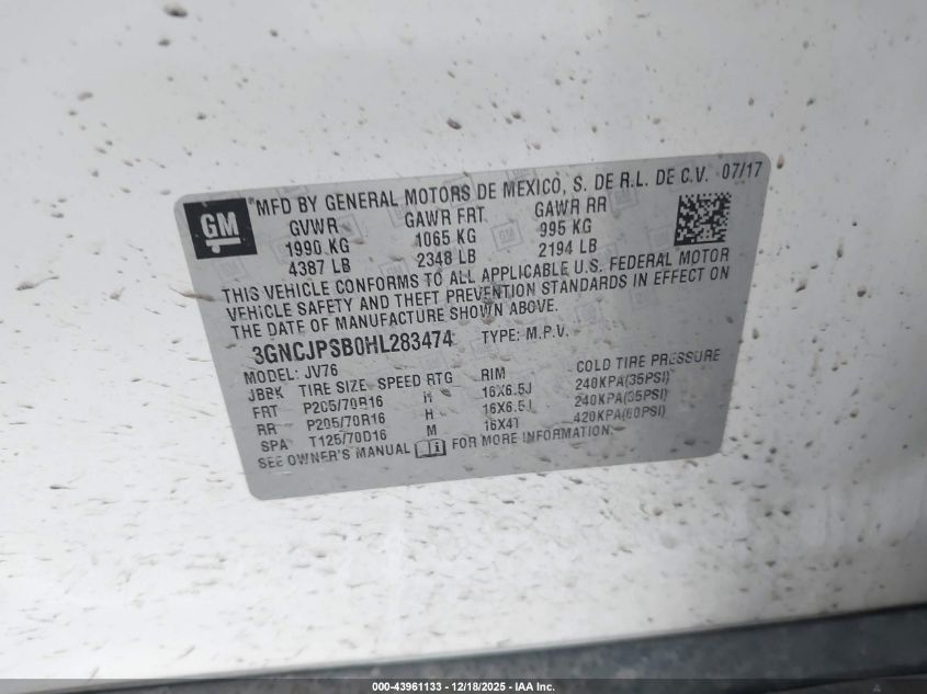 2017 Chevrolet Trax Lt VIN: 3GNCJPSB0HL283474 Lot: 43961133