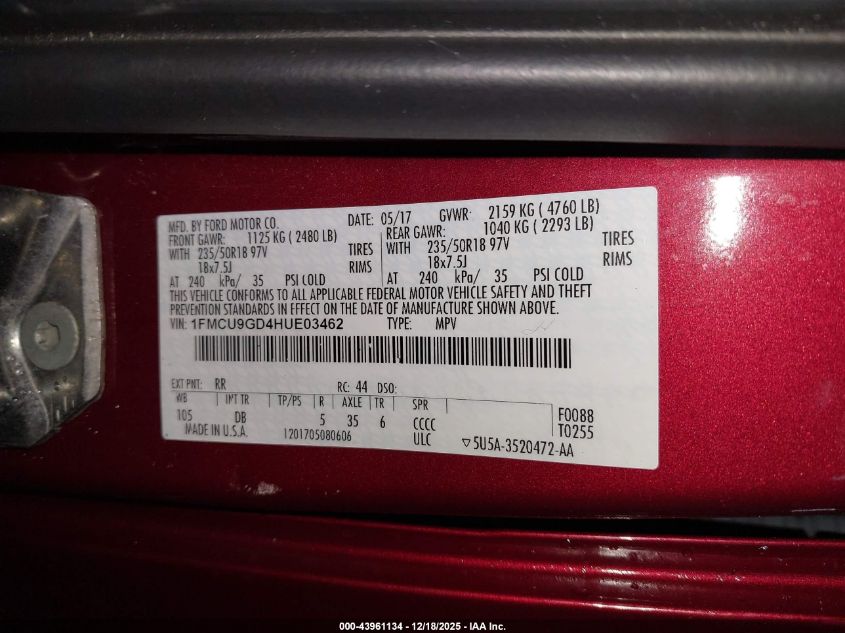 2017 Ford Escape Se VIN: 1FMCU9GD4HUE03462 Lot: 43961134