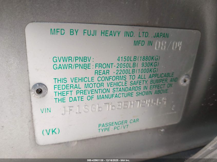 2005 Subaru Forester 2.5Xs L.l. Bean VIN: JF1SG67635H724569 Lot: 43961138