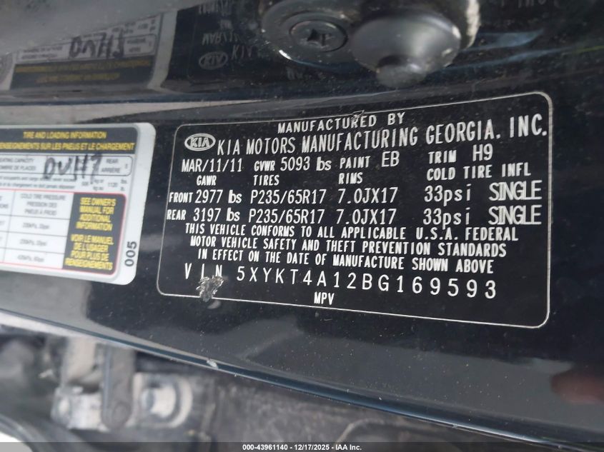 2011 Kia Sorento Lx VIN: 5XYKT4A12BG169593 Lot: 43961140