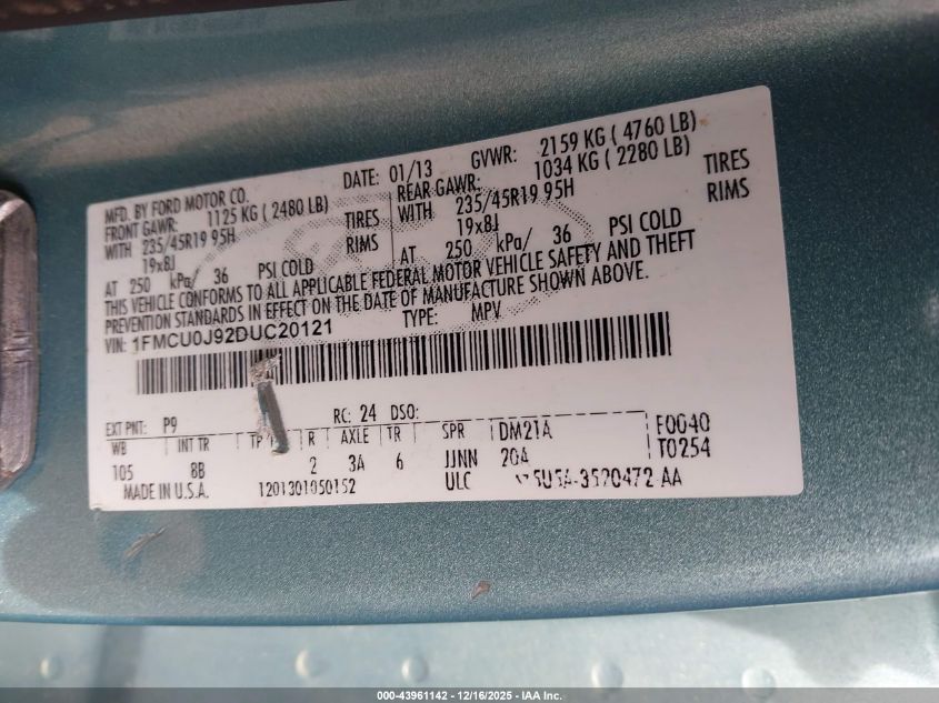 2013 Ford Escape Titanium VIN: 1FMCU0J92DUC20121 Lot: 43961142