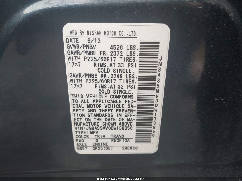 2013 Nissan Rogue Sv VIN: JN8AS5MV0DW138856 Lot: 43961144