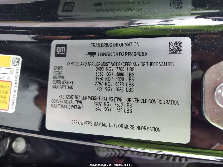 2023 Chevrolet Suburban 4Wd Z71 VIN: 1GNSKDKD3PR404885 Lot: 43961147