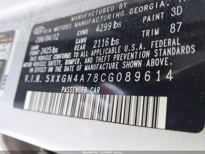 2012 Kia Optima Ex VIN: 5XXGN4A78CG089614 Lot: 43961152