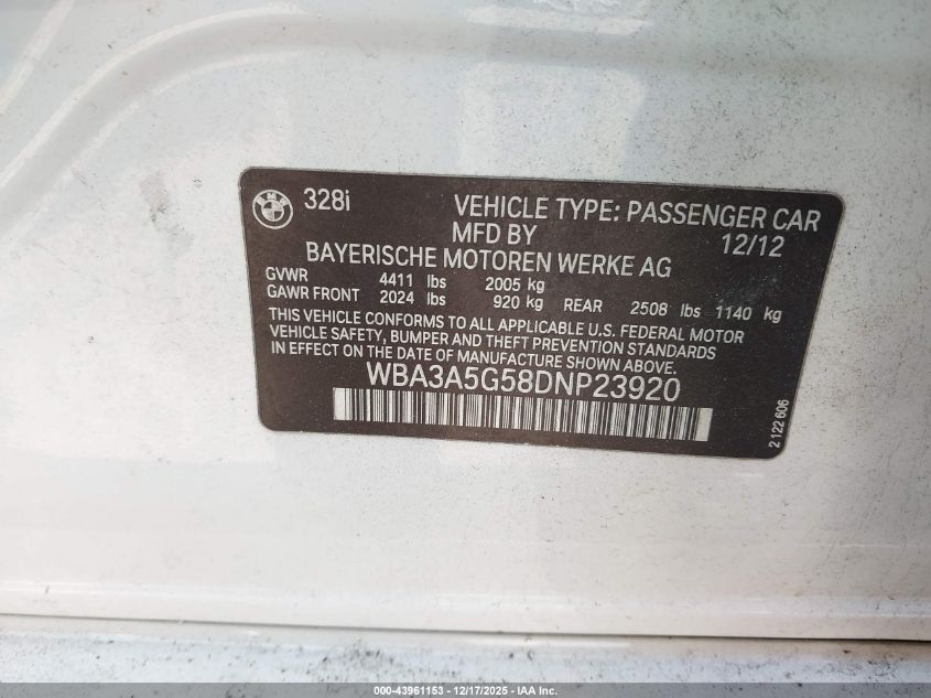 2013 BMW 328I VIN: WBA3A5G58DNP23920 Lot: 43961153