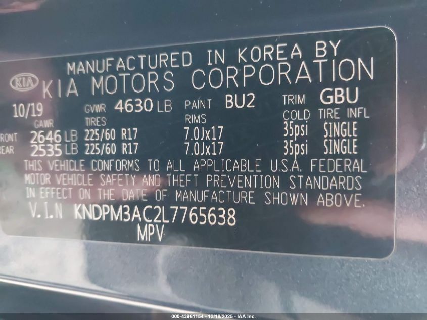 2020 Kia Sportage Lx VIN: KNDPM3AC2L7765638 Lot: 43961154