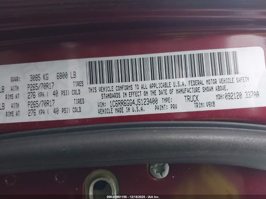 2018 Ram 1500 Slt 4X2 6'4 Box VIN: 1C6RR6GG4JS123400 Lot: 43961156