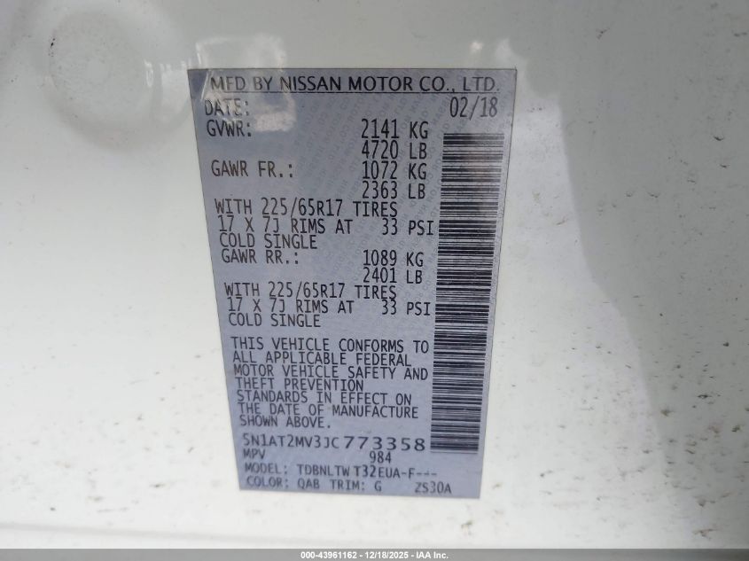 2018 Nissan Rogue Sv VIN: 5N1AT2MV3JC773358 Lot: 43961162