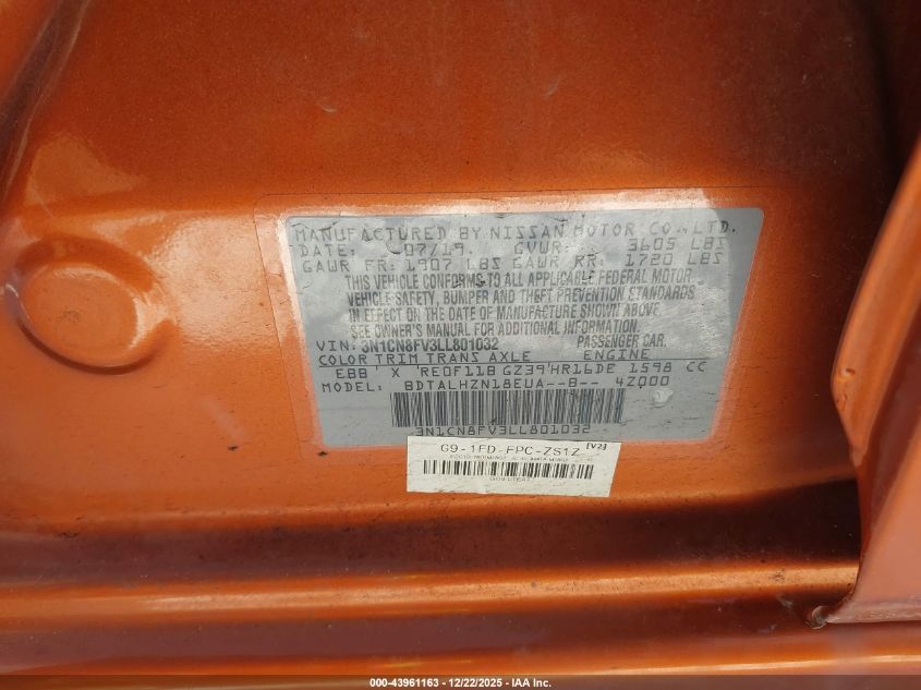 2020 Nissan Versa Sr Xtronic Cvt VIN: 3N1CN8FV3LL801032 Lot: 43961163