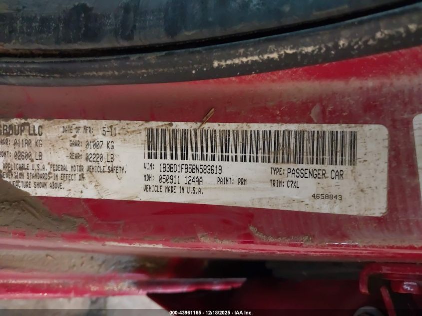 2011 Dodge Avenger Mainstreet VIN: 1B3BD1FB5BN583619 Lot: 43961165