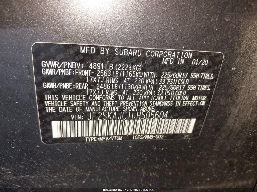 2020 Subaru Forester Premium VIN: JF2SKAJC1LH505604 Lot: 43961167