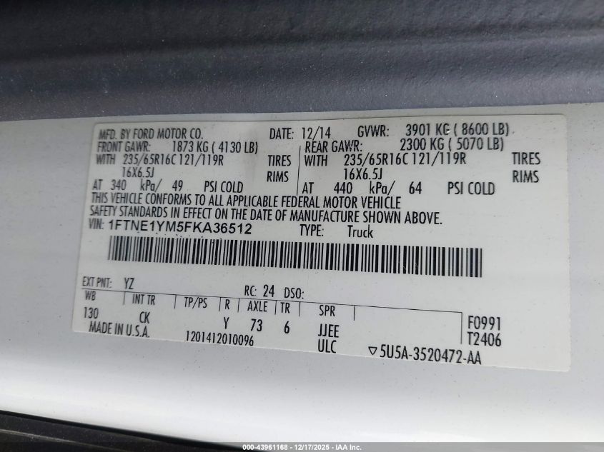 2015 Ford Transit-150 VIN: 1FTNE1YM5FKA36512 Lot: 43961168