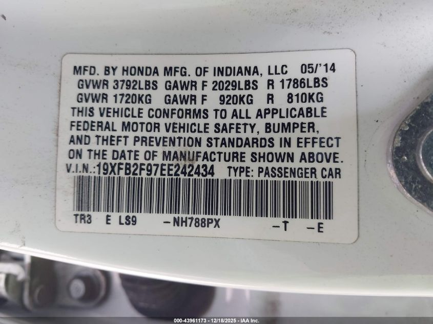 2014 Honda Civic Ex-L VIN: 19XFB2F97EE242434 Lot: 43961173