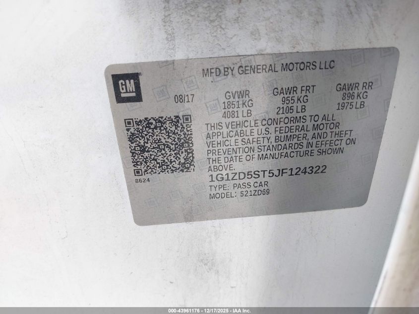 2018 Chevrolet Malibu Lt VIN: 1G1ZD5ST5JF124322 Lot: 43961176