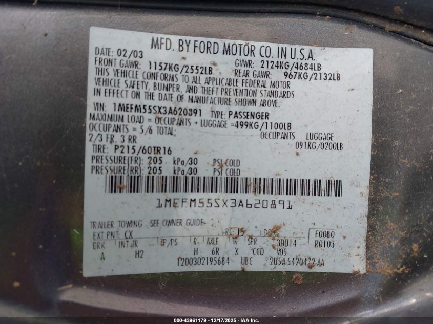 2003 Mercury Sable Ls Premium VIN: 1MEFM55SX3A620891 Lot: 43961179