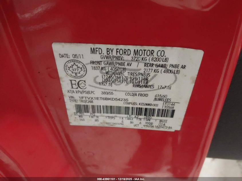 2011 Ford F-150 Xlt VIN: 1FTVX1ET6BKD54235 Lot: 43961181