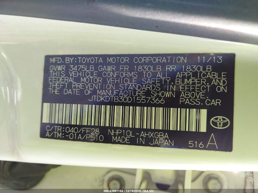 2013 Toyota Prius C Three VIN: JTDKDTB30D1557366 Lot: 43961184