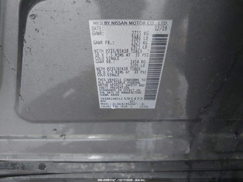 2020 Nissan Pathfinder S 2Wd VIN: 5N1DR2AN5LC595472 Lot: 43961187