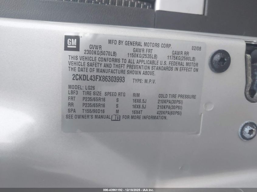 2008 Pontiac Torrent VIN: 2CKDL43FX86303993 Lot: 43961192