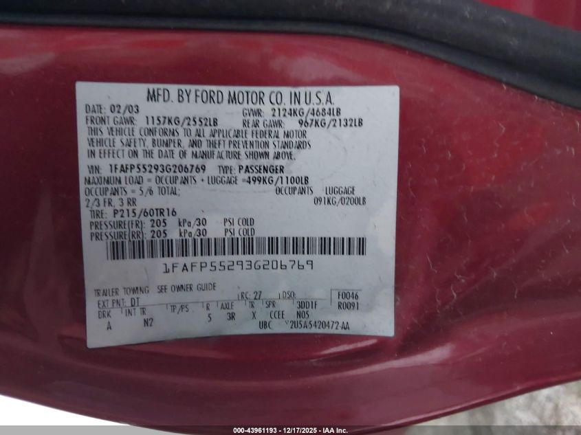 2003 Ford Taurus Ses VIN: 1FAFP55293G206769 Lot: 43961193