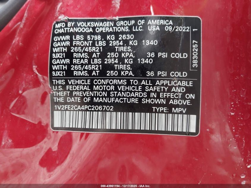 2023 Volkswagen Atlas Cross Sport 3.6L V6 Sel Premium R-Line VIN: 1V2FE2CA4PC206702 Lot: 43961194