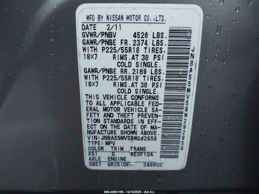 2011 Nissan Rogue Sv VIN: JN8AS5MV5BW292959 Lot: 43961195
