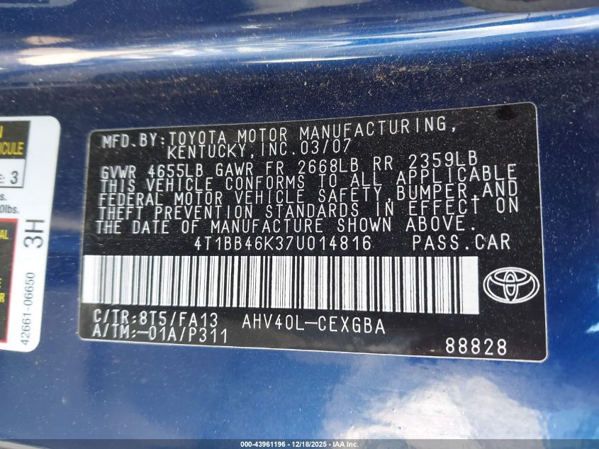 2007 Toyota Camry Hybrid VIN: 4T1BB46K37U014816 Lot: 43961196