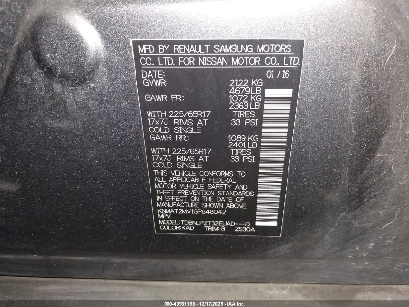 2016 Nissan Rogue S VIN: KNMAT2MV1GP648042 Lot: 43961198