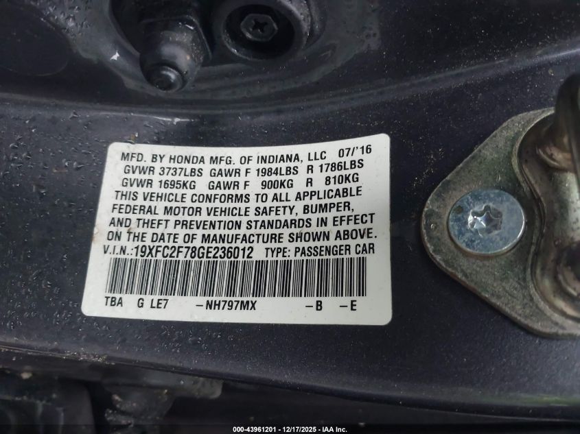 2016 Honda Civic Ex VIN: 19XFC2F78GE236012 Lot: 43961201