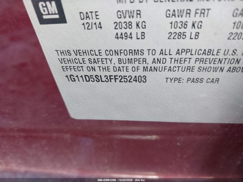 2015 Chevrolet Malibu 2Lt VIN: 1G11D5SL3FF252403 Lot: 43961206