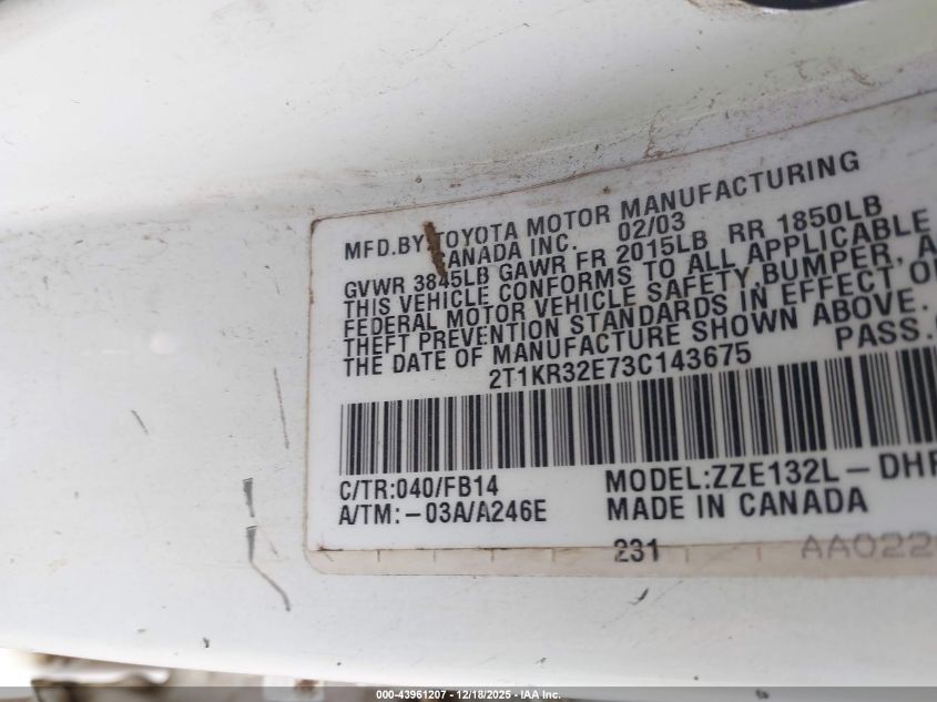 2003 Toyota Matrix Xr VIN: 2T1KR32E73C143675 Lot: 43961207