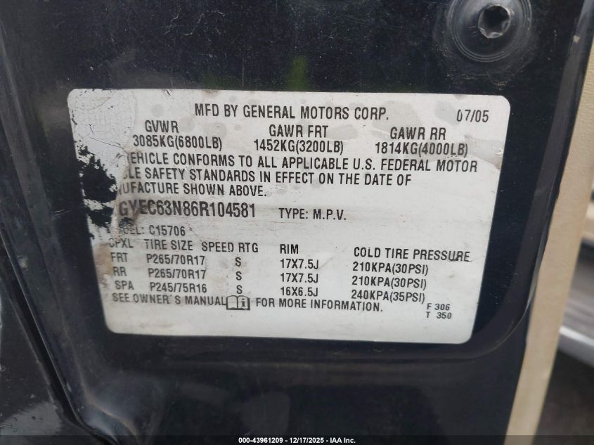 2006 Cadillac Escalade Standard VIN: 1GYEC63N86R104581 Lot: 43961209