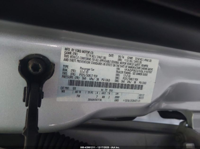 2016 Ford C-Max Energi Sel VIN: 1FADP5CU1GL110787 Lot: 43961211