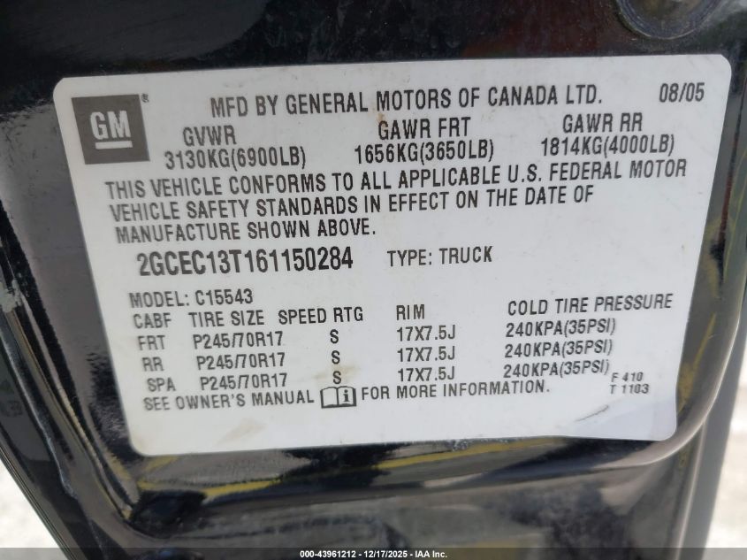 2006 Chevrolet Silverado 1500 Lt2 VIN: 2GCEC13T161150284 Lot: 43961212