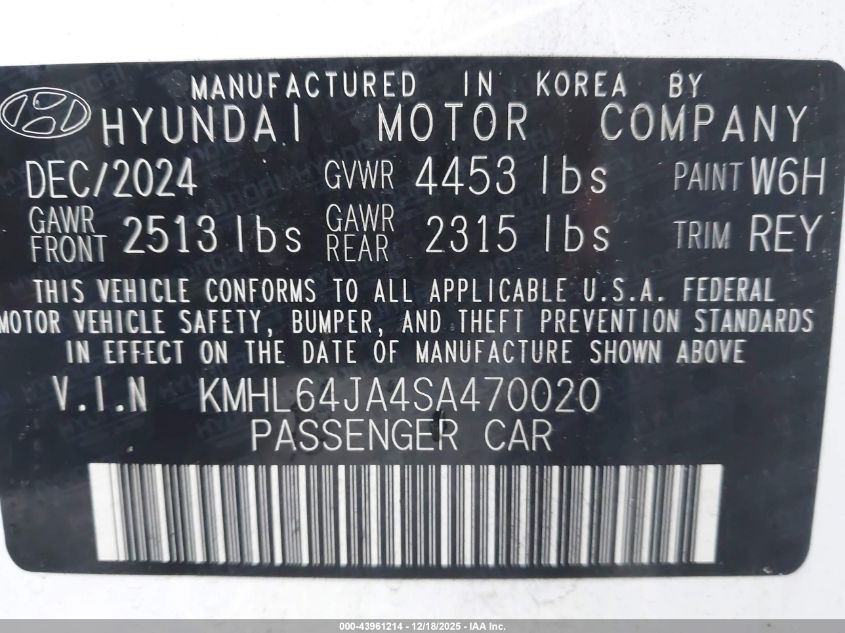 2025 Hyundai Sonata Sel VIN: KMHL64JA4SA470020 Lot: 43961214
