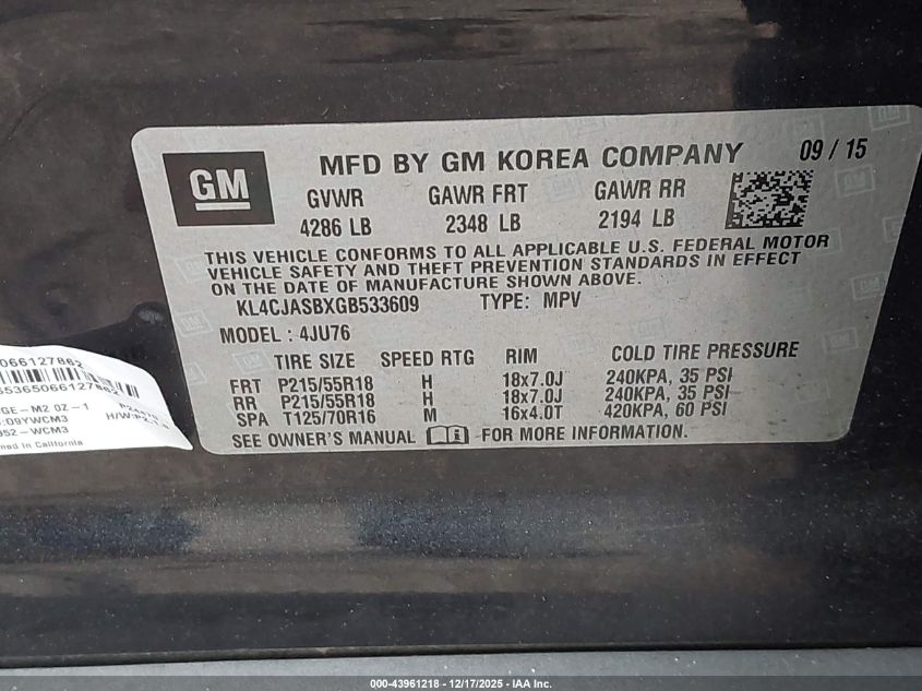 2016 Buick Encore VIN: KL4CJASBXGB533609 Lot: 43961218