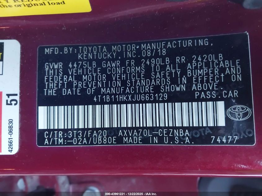 2018 Toyota Camry Le VIN: 4T1B11HKXJU663129 Lot: 43961221