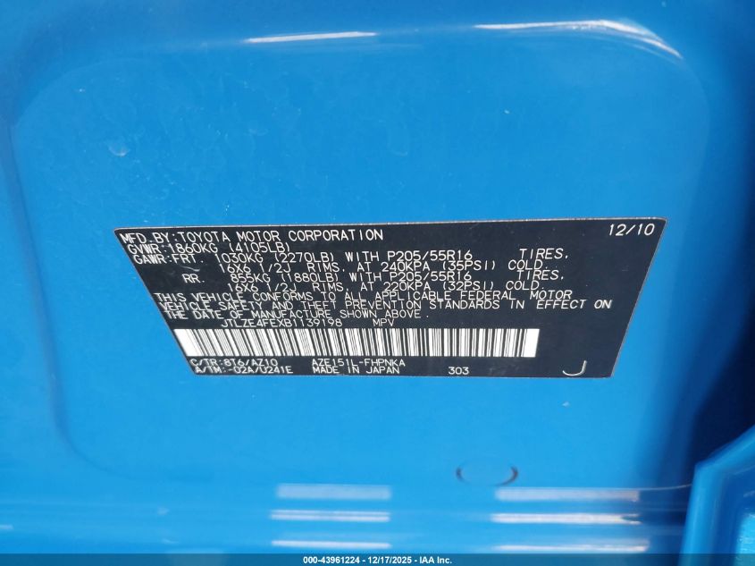 2011 Scion Xb Release Series 8.0 VIN: JTLZE4FEXB1139198 Lot: 43961224