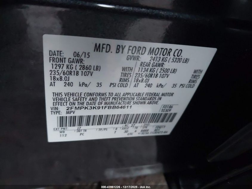 2015 Ford Edge Titanium VIN: 2FMPK3K91FBB64611 Lot: 43961226