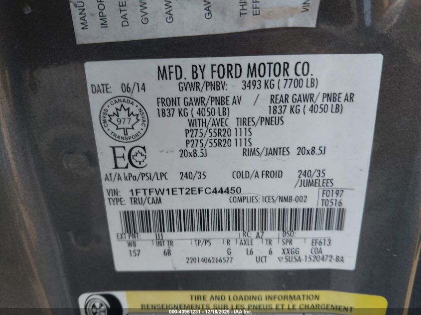 2014 Ford F-150 Fx4/King Ranch/Lariat/Limited/Platinum/Xl/Xlt VIN: 1FTFW1ET2EFT44450 Lot: 43961231