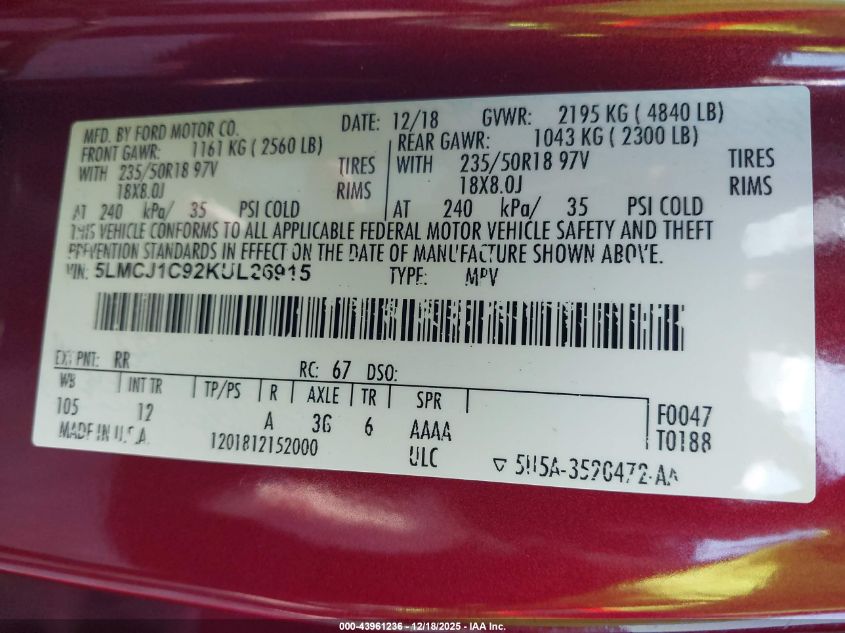 2019 Lincoln Mkc Standard VIN: 5LMCJ1C92KUL26915 Lot: 43961236