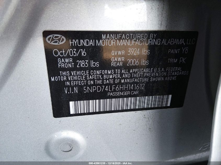 2017 Hyundai Elantra Se VIN: 5NPD74LF6HH141612 Lot: 43961239