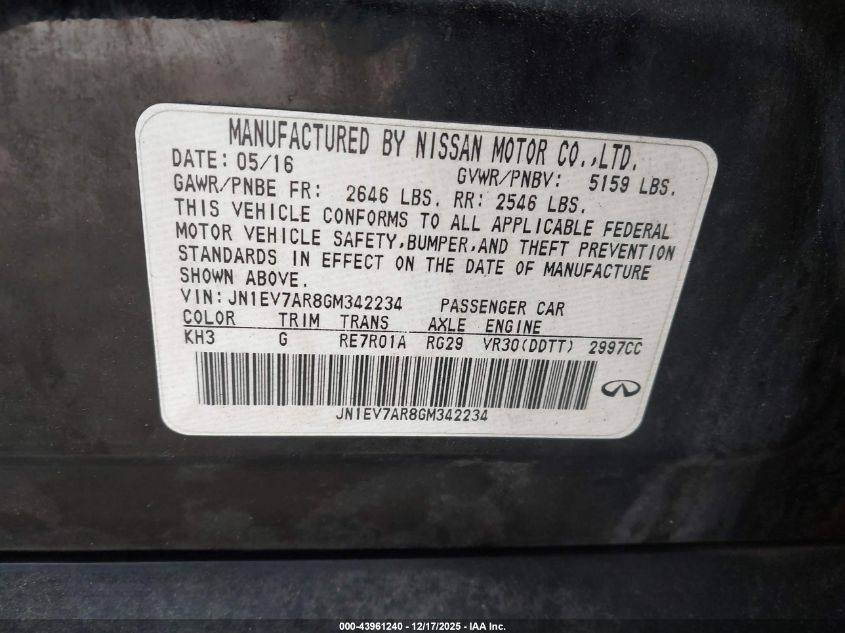 2016 Infiniti Q50 3.0T Premium VIN: JN1EV7AR8GM342234 Lot: 43961240